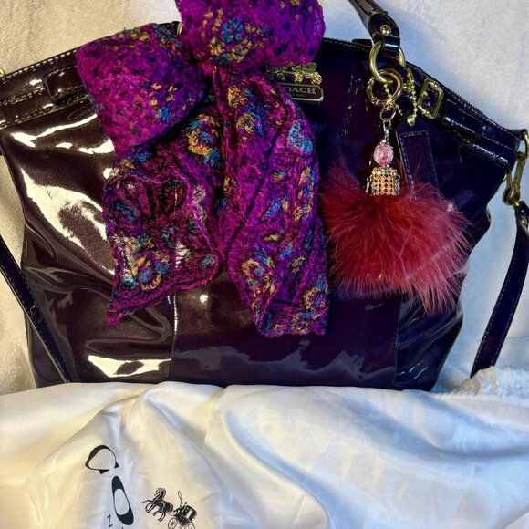 Coach Madison Lindsey Satchel in Deep Purple Patent Leather with Scarf and Charm - Picture 12 of 12